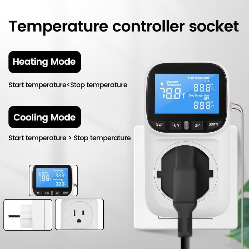 diymore Plug in Digital Thermostat Temperature Controller,1800W,120V / 15A,-104℉~210℉, Heating Cooling Mode Solar Controller Incubator Thermometer Reptile Greenhouse Thermostat Pool Thermometer - Image 3